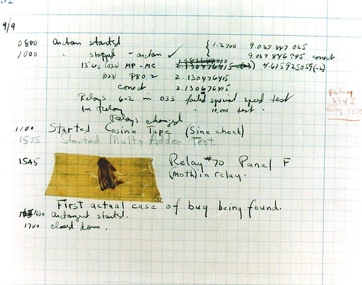 A real bug found in Harvard Mark II, giving the name bug to a software defect. Courtesy of the Naval Surface Warfare Center, Dahlgren, VA., 1988. [Public domain]